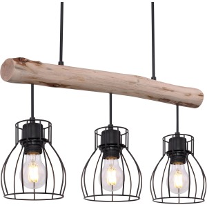 Schwarze Globo Pendelleuchte Mina mit Holzbalken und drei gitterförmigen Lampenschirmen.