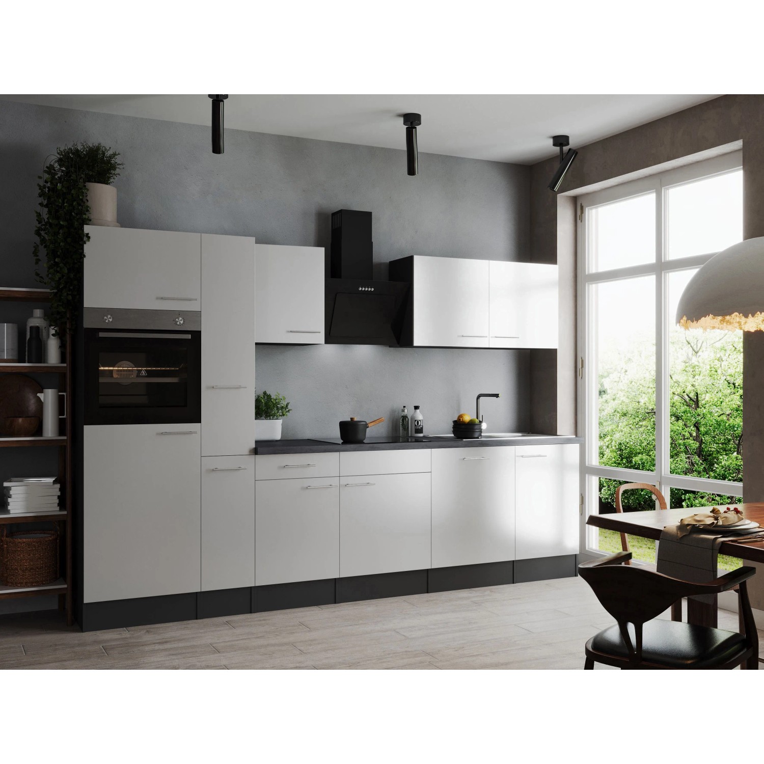 Weiße Respekta Küchenzeile Oliver 310 cm mit Elektrogeräten und Arbeitsplatte in Granitoptik.