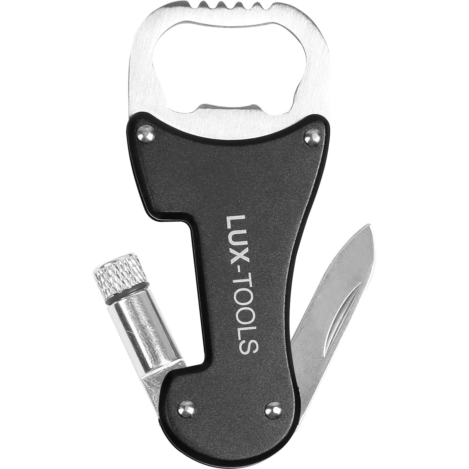 LUX Minitool 12-in-1: Kompaktes Miniaturwerkzeug mit Flaschenöffner, Messer und LED-Lampe.