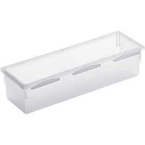 Transparente Rotho Schubladenbox Basic, 5x8x23cm, zur Aufbewahrung und Organisation in Schubladen.