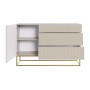 Greige Sideboard Veldio mit geriffelten Fronten, 3 Schubladen, offener Tür mit Fächern und goldenen Beinen.