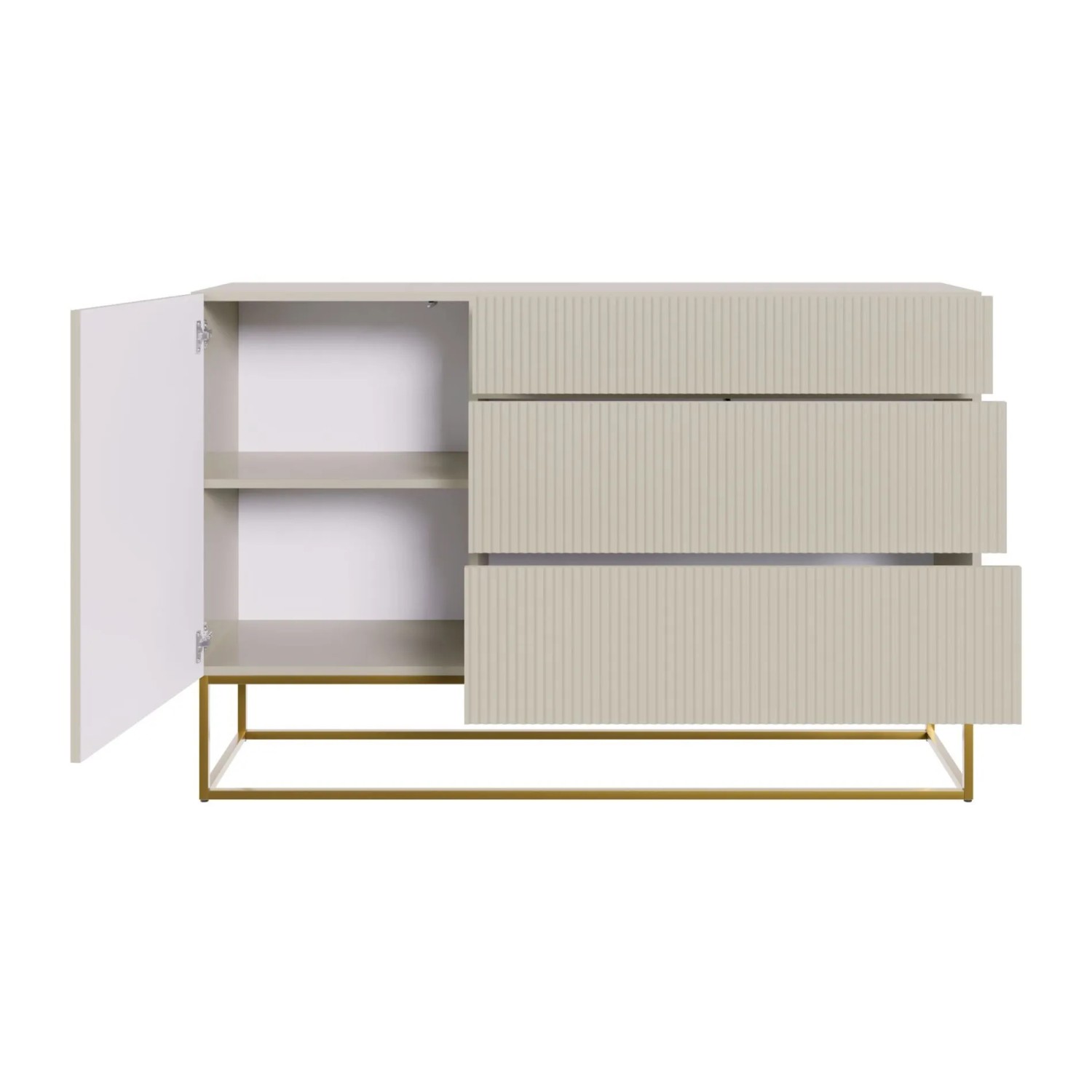 Greige Sideboard Veldio mit geriffelten Fronten, 3 Schubladen, offener Tür mit Fächern und goldenen Beinen.