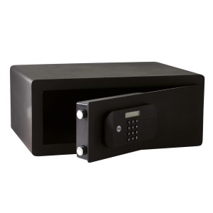 Schwarzer Yale Tresor High Security Safe Laptop 26,9 l mit geöffneter Tür und Zahlencodefeld.