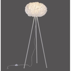 Weiße LED-Stehlampe LOLAsmart-Naomi von Just Light mit Stoffschirm und Stativfuß.