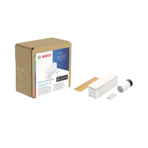 Bosch Smart Home Tür-/Fensterkontakt II +M mit weißem Sensor, Magnet, Batterie und Verpackung für Hausautomation.