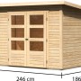 Karibu Holz-Gartenhaus Sitten, unbehandelt, mit Pultdach und Maßangaben.