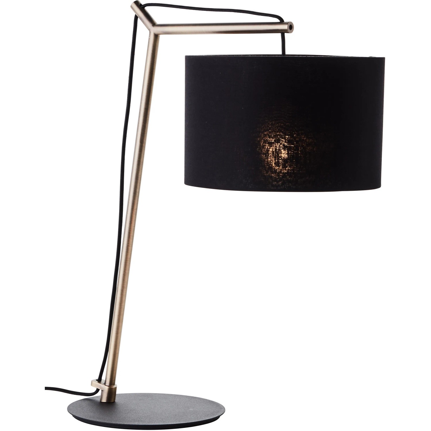 Moderne Tischleuchte Annice, 52 cm, schwarz-matt/messingfarben, mit rundem Textilschirm. Design-Tischlampe für Innenräume.
