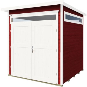 Rotes Weka Holz-Gartenhaus 265 mit Flachdach und Doppeltür, lasiert.
