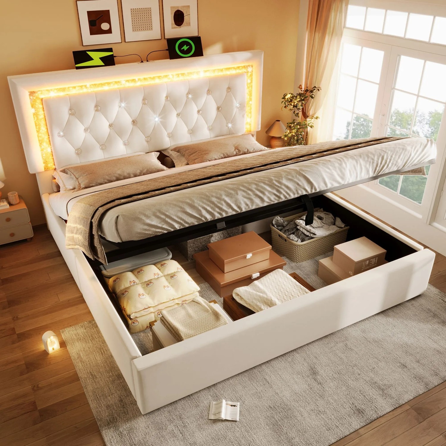 okwish Polsterbett 140x200cm mit LED Stauraum Jugendbett Beige ohne Matratze_4