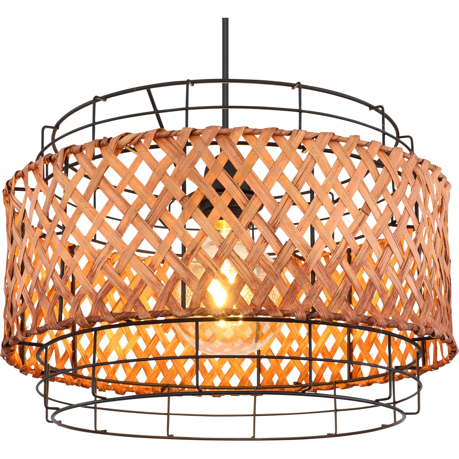 Schwarze Globo Hängeleuchte Gina, Ø 35cm, mit Bambus-Element. Moderne Pendelleuchte für Innenräume.