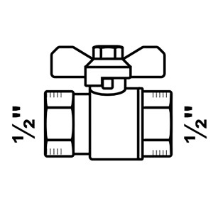 Skizze eines Kirchhoff Kugelhahns mit Flügelgriff, 1/2 Zoll Innengewinde, für Sanitär und Heizung.