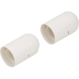 Zwei weiße E27 Lampenfassungen aus Kunststoff für Lampeninstallationen.