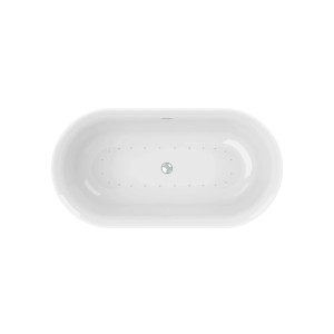 Weißer, ovaler Ottofond Whirlpool Mince freistehend, Aufsicht. Mit 24 Whisperdüsen und Chrom-Ablauf.