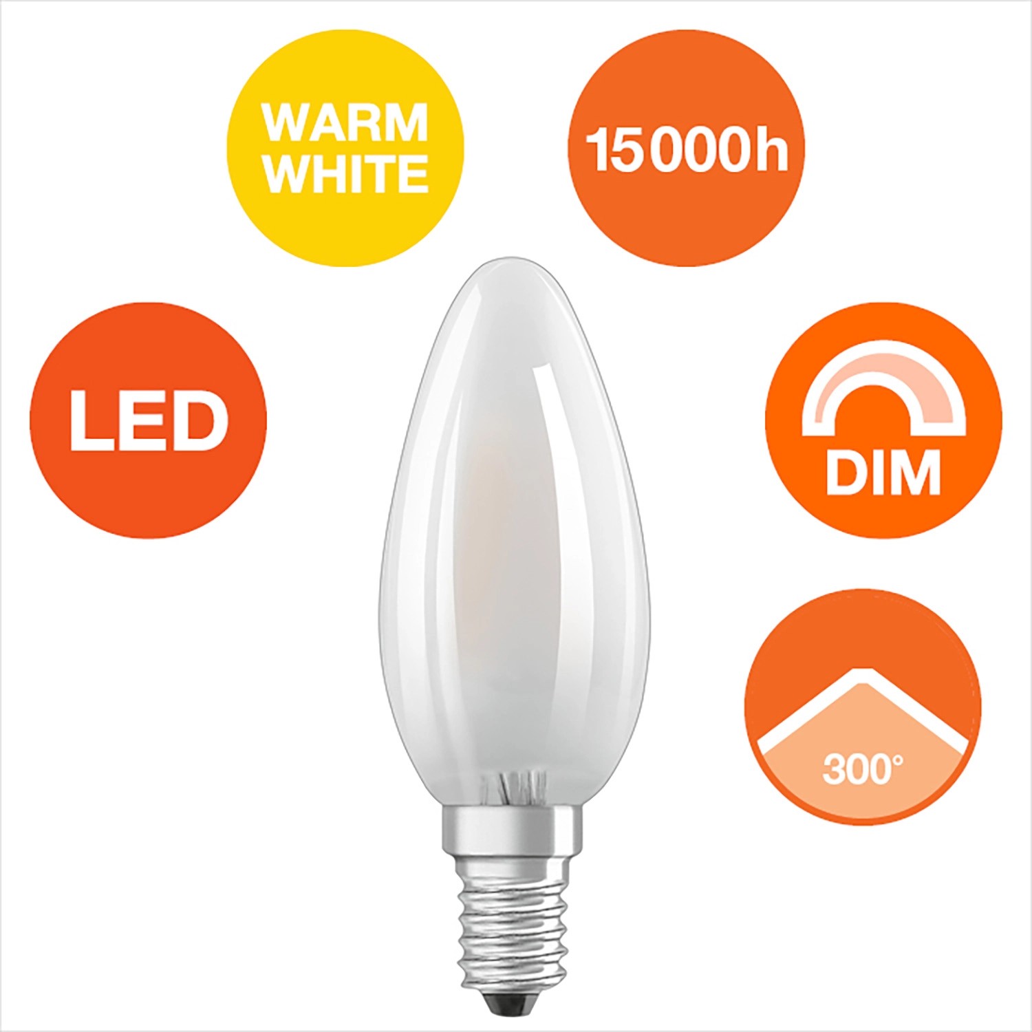 Osram LED-Leuchtmittel E14 Kerzenform, 5,5W, warmweißes Licht. Dimmbare LED Lampe für Wohnräume.
