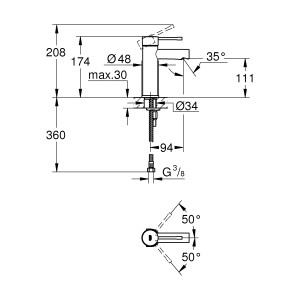 Technische Zeichnung: Grohe Essence Waschtischarmatur S-Size, Chrom, mit Maßangaben.