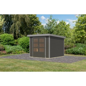 Karibu Gartenhaus Diego 3,5 B in Terragrau/Graualuminium mit Doppeltür und Flachdach.