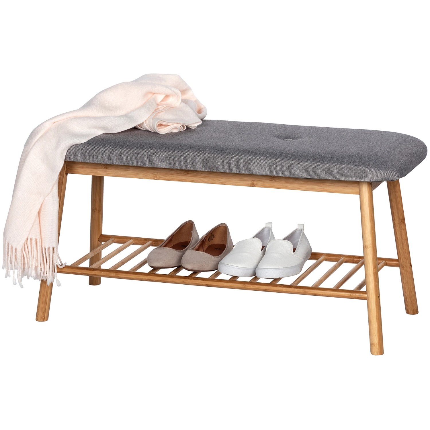 Wenko Schuhbank Bahari Bambus mit grauer Sitzfläche und Schuhablage für 4 Paar Schuhe.