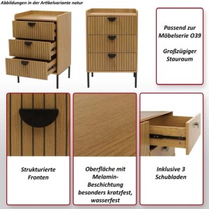 MCW Kommode O39 in Natur mit 3 Schubladen und Lamellen-Design.