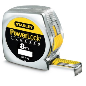 Stanley Bandmaß PowerLock® 8 m, verchromtes Gehäuse, gelbes Band mit Skala, Prüfwerkzeug für präzise Messungen.