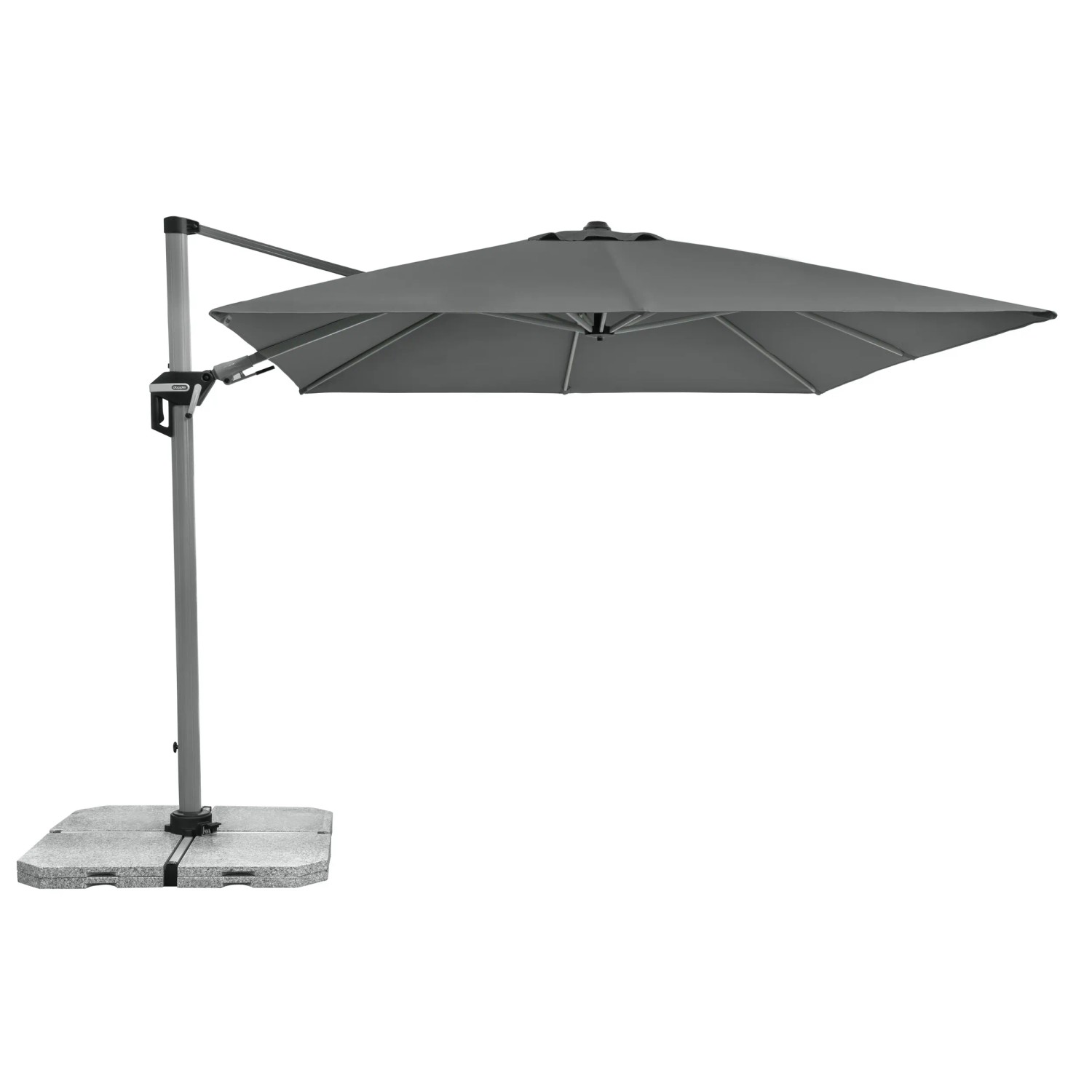Anthrazitfarbener Doppler Ampelschirm Active II 260x350 cm mit Kurbel und grauem Schirmfuß.