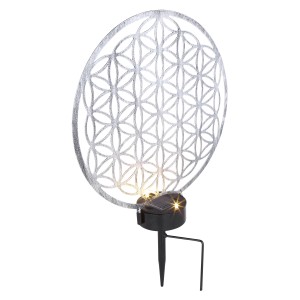 Silberne Globo LED Solarleuchte Lebensblume mit Erdspieß für den Garten.