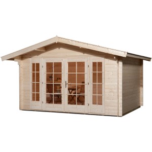 Weka Weekendhaus 137 aus Holz, 380x380 cm, mit Doppeltür und Fenstern.