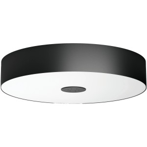 Runde, schwarze Philips Hue LED Deckenleuchte White Ambiance Fair mit Dimmer.