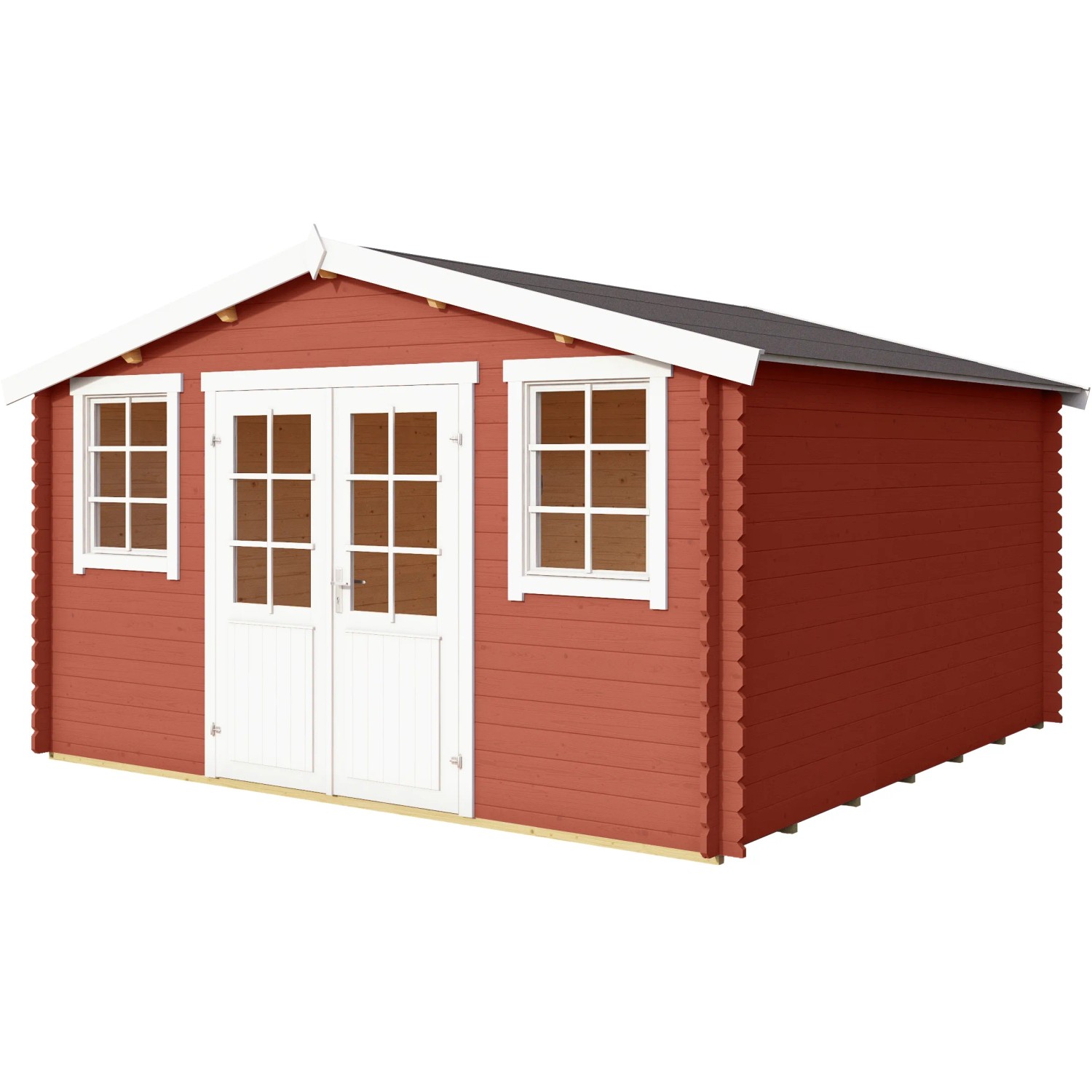 Lasita Holz-Gartenhaus Wels 4 in Schwedenrot mit weißen Fenstern und Türen.