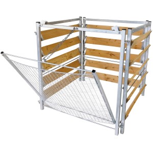 Bellissa Komposter mit Sieb aus Holz und Metall, mit offener Gittertür.