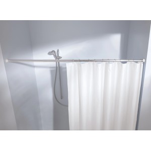 Chromfarbige Duschstange von Kleine Wolke, ausziehbar von 75-125 cm, mit Duschvorhang.