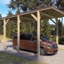 Holzbrüder Camping-Carport Ralf Natur mit dunkelbraunem Blechdach und Wohnmobil.