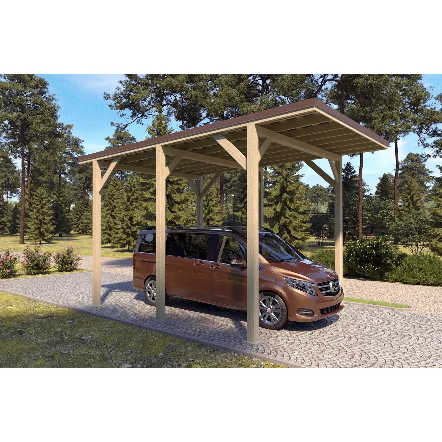 Holzbrüder Camping-Carport Ralf Natur mit dunkelbraunem Blechdach und Wohnmobil.