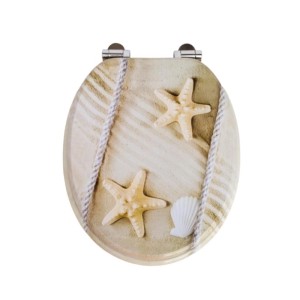 Ovaler Sinobath WC-Sitz mit maritimem Strandmotiv: Sand, Seesterne, Muschel, Seil.