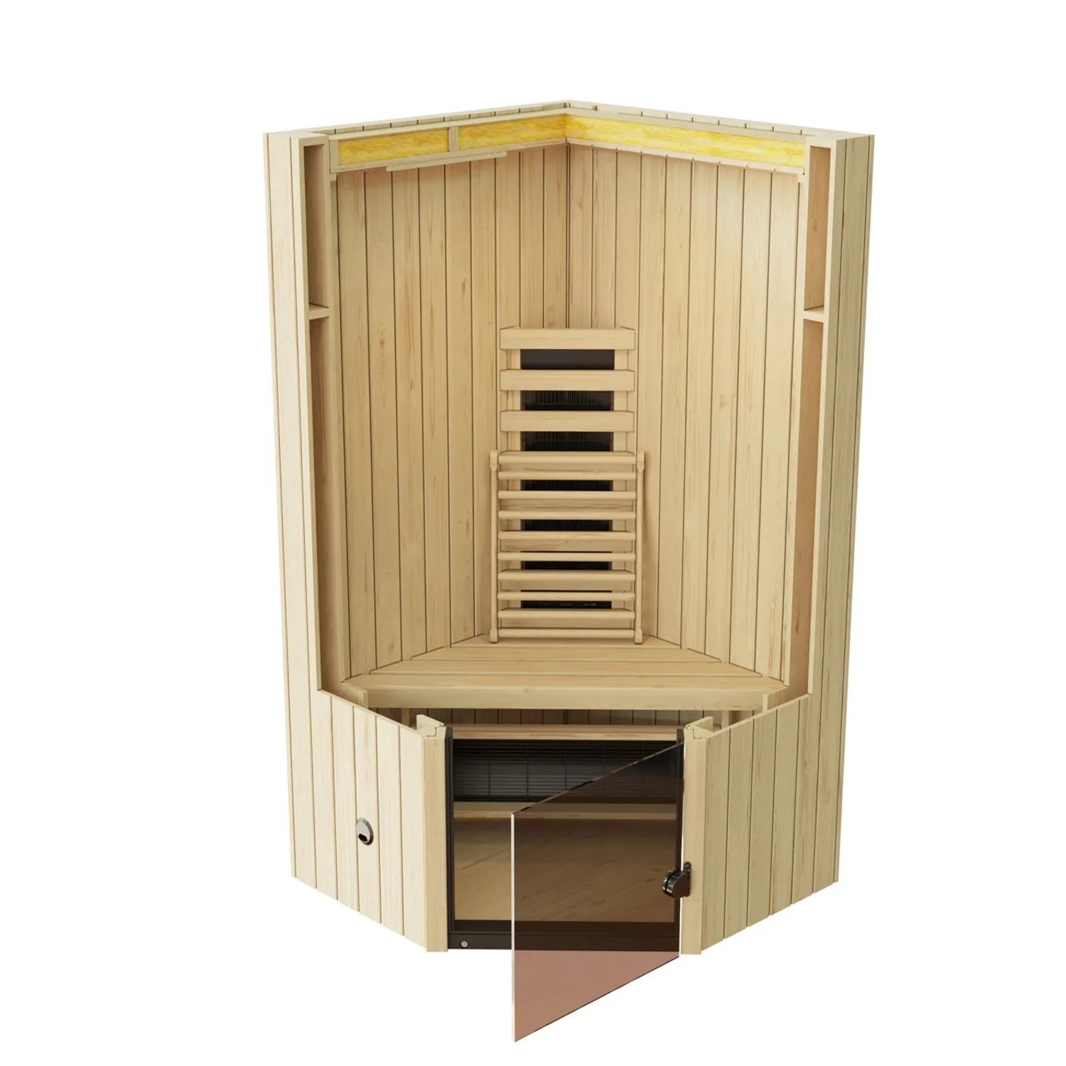 Weka Infrarotkabine Tanilla Eck, naturbelassenes Fichtenholz mit Glastür und Linienstrahler.