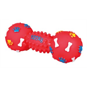 Rote Jollypaw Vinyl Hantel, 19 cm, mit Knochen- und Pfotenabdruck-Muster, Kauspielzeug für Hunde.