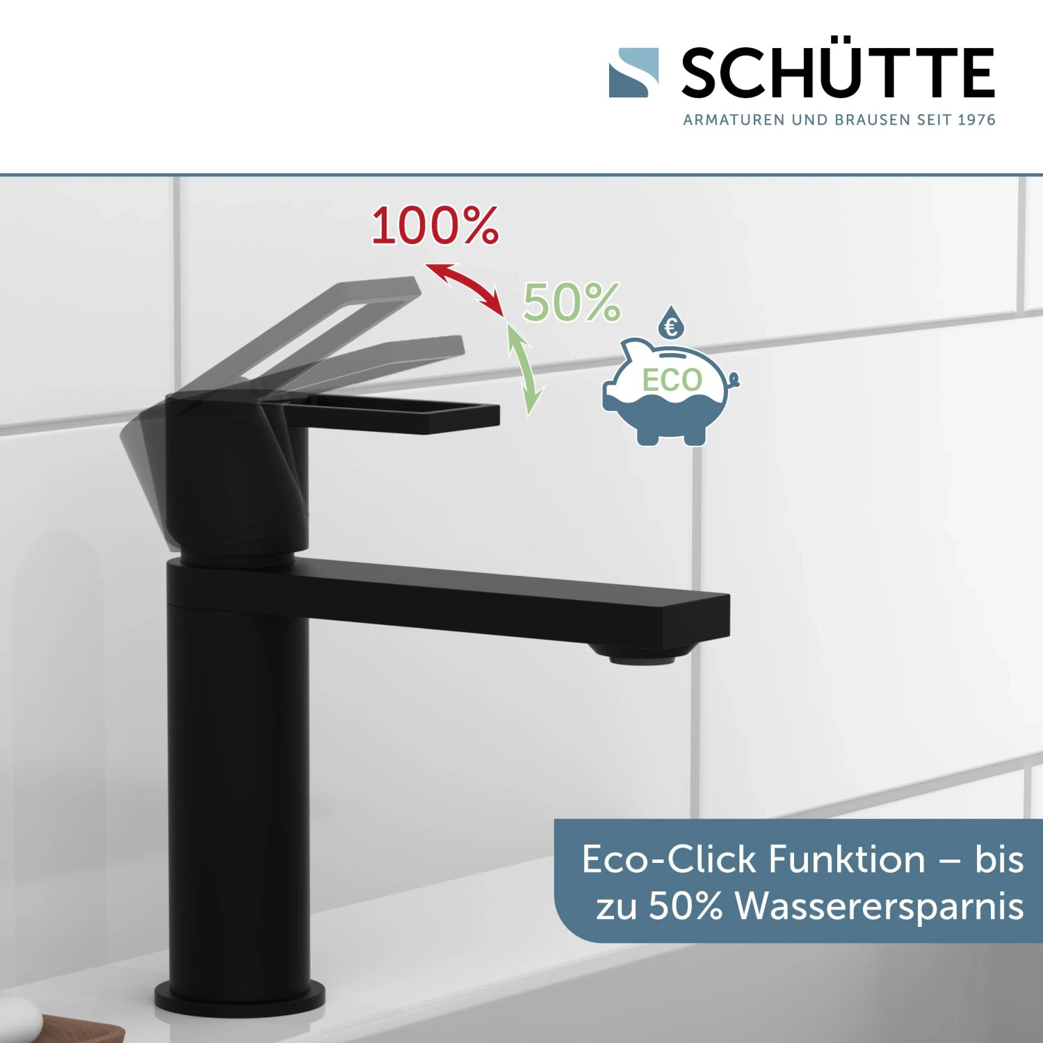Schütte Waschtischarmatur Manhattan, schwarz matt, mit Eco-Click Funktion für bis zu 50% Wasserersparnis.