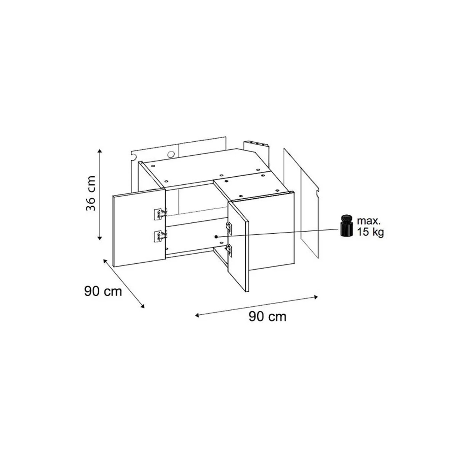 Technische Zeichnung des Feldmann-Wohnen Eckaufsatzschranks Oslo. Maße 90x90x36cm, 2 Türen, 1 Fach, max. 15 kg Belastbarkeit.