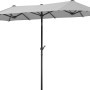 Schneider Marktschirm, silbergrau, mit Knickfunktion. Rechteckiger Sonnenschirm mit schwarzem Mast.