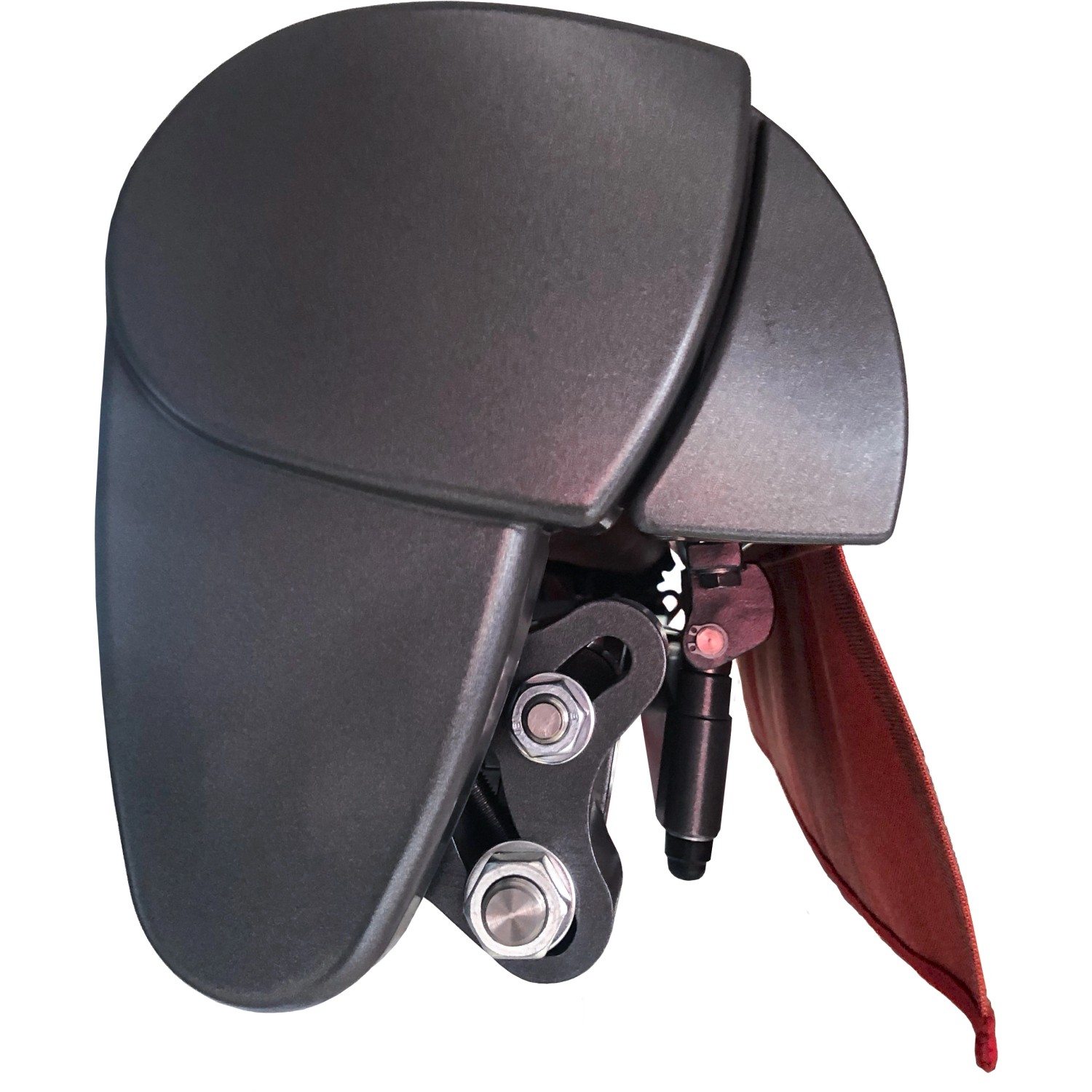 Detailaufnahme: Anthrazitfarbene Wismar Teilhülsenmarkise mit dunkelgrauem Stoff und Kurbelbedienung.