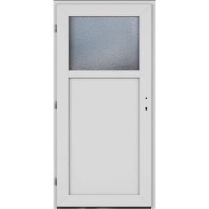 Weiße Roro Nebeneingangstür mit anthrazitfarbenem Rahmen und Ornamentglas-Einsatz.