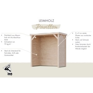 Karibu Holzpavillon mit Flachdach, geschlossenen Seiten- und Rückwänden. Robuster Unterstand für Grill oder Snackautomaten.