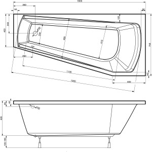 Technische Zeichnung der Eckbadewanne Bahia, 160x75 cm, rechte Ausführung mit Maßangaben.