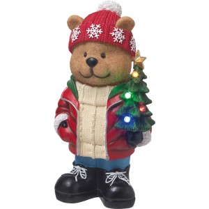Weihnachtsdeko Bär aus Polyresin, mehrfarbig, mit beleuchtetem Weihnachtsbaum und roter Mütze.