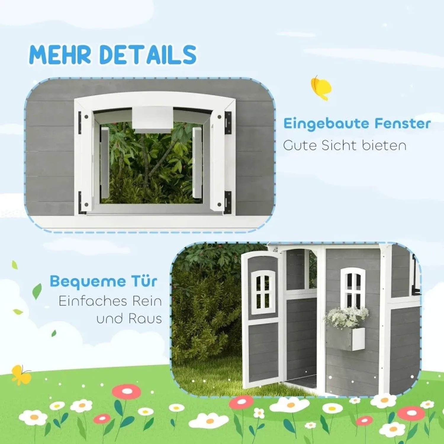 Graues Holz Kinderspielhaus: Offenes Fenster mit Blick ins Grüne, offene Tür, Pflanzkasten mit Blumen. Ideal für Spiel & Spaß.