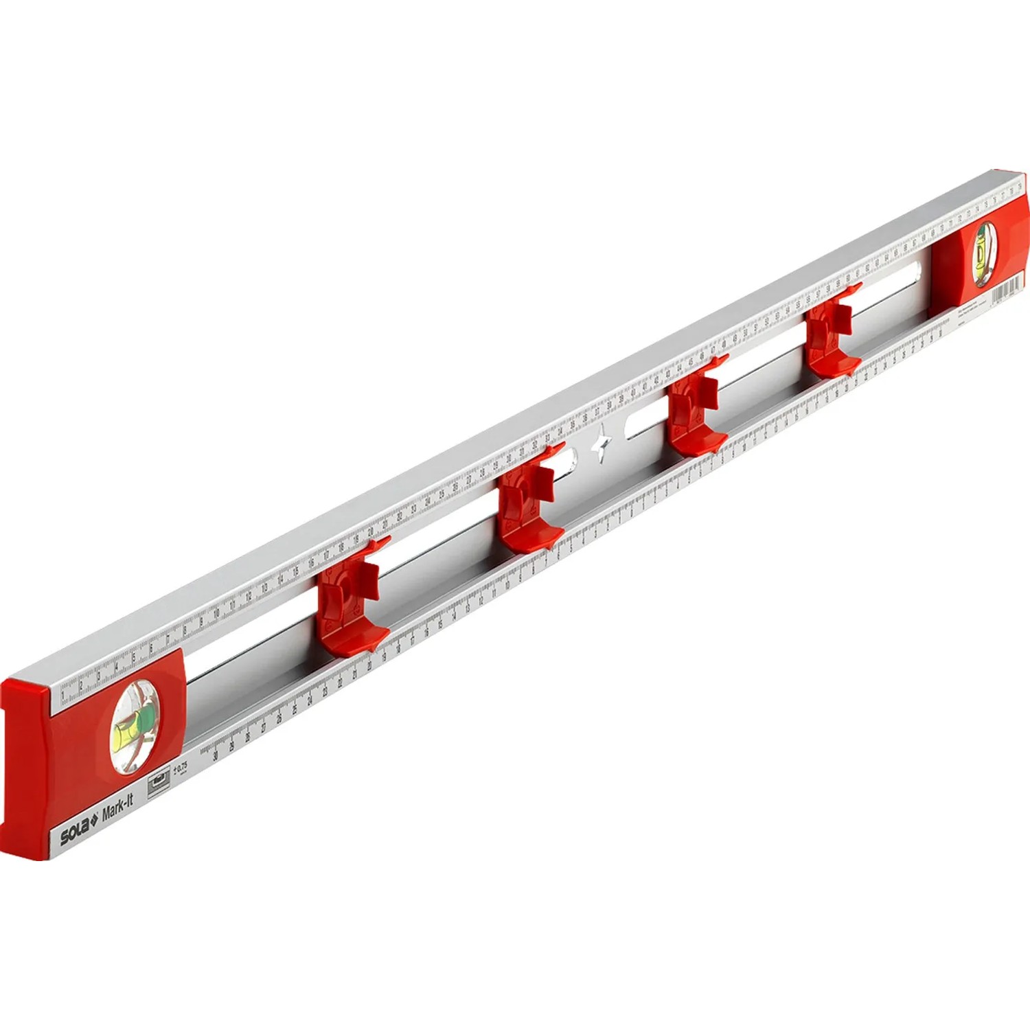 Markier-Wasserwaage Mark-It mit Aluminiumprofil, Messschiebern und Libellen zur präzisen Messung.