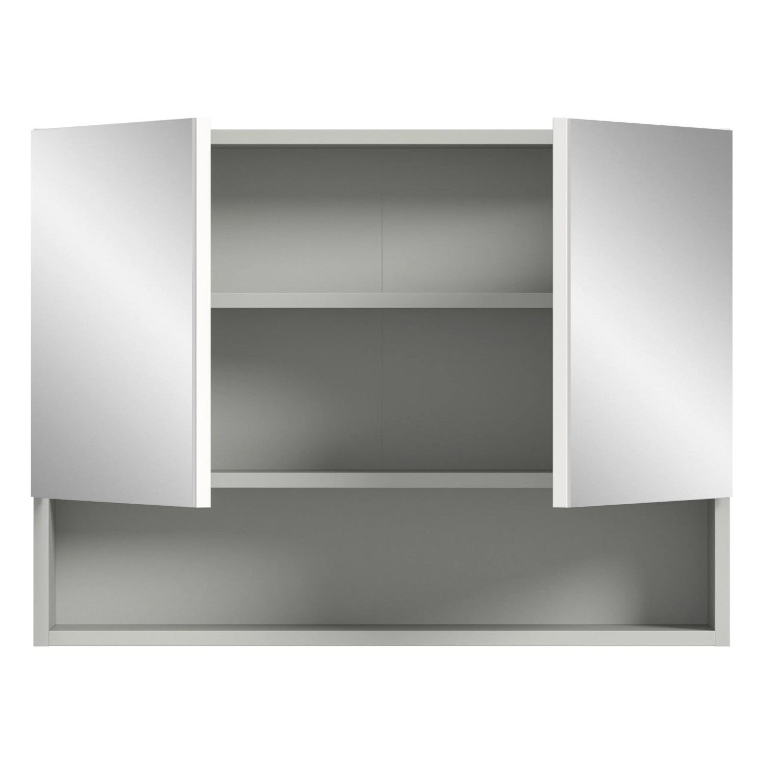 Hellgrauer Spiegelschrank (74x55x17cm) mit zwei Spiegeltüren und Ablageflächen.