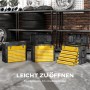 Gelbe HOMCOM Werkzeugkiste mit geöffneten Schubladen in Werkstatt. Stahl-Kunststoff-Konstruktion, leicht zu öffnen.