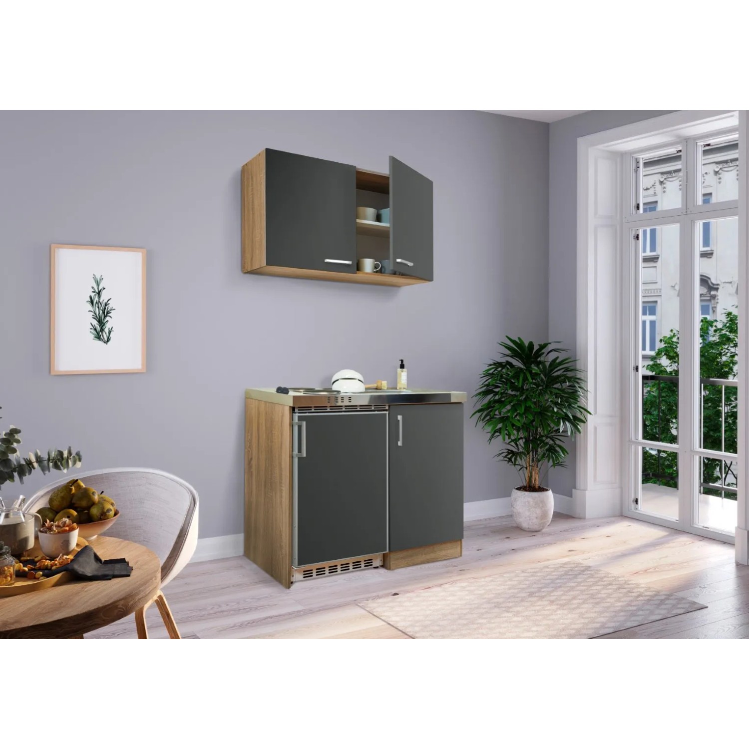 Respekta Miniküche MK100ESGOS, 100 cm, Grau-Eiche Sägerau Nachbildung mit Kühlschrank und Kochfeld.