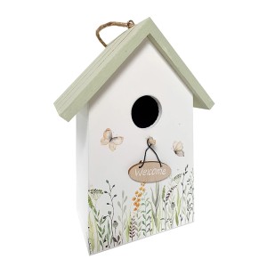Holz-Deko Vogelhaus in Weiß/Salbei mit Blumenmuster und "Welcome"-Schild für Ostern.