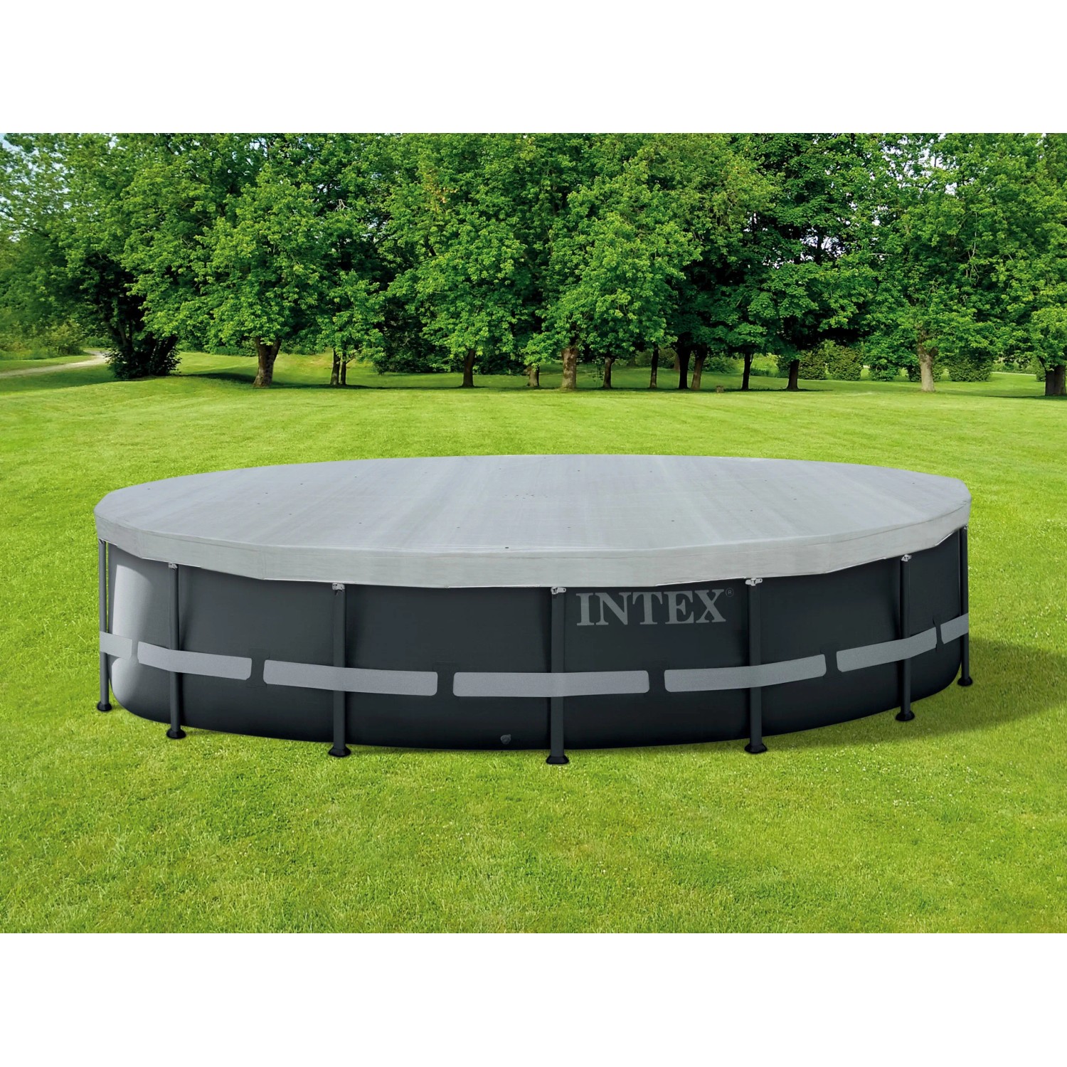 Deluxe Abdeckplane für Rahmenpool, Ø 488 cm, grau, aus PE-Material mit Entwässerungslöchern.